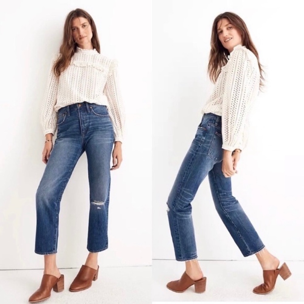 Madewell Classic Straight Jeans in Jade Wash: Knee-Rip Edition